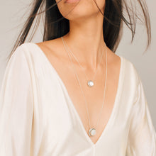 Load image into Gallery viewer, Moon Phase Necklace |Mother of Pearl and an Aquamarine - big - long