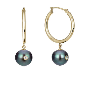 New Moon | 14K Yellow Gold Hoops Earrings with Black Pearls and Diamond