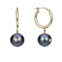 Load image into Gallery viewer, New Moon | 14K Yellow Gold Hoops Earrings with Black Pearls and Diamond