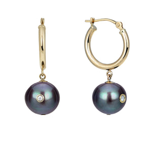 New Moon | 14K Yellow Gold Hoops Earrings with Black Pearls and Diamond